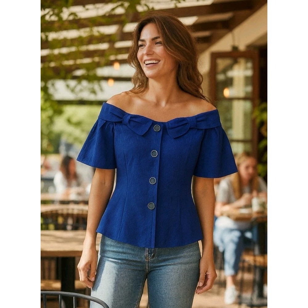 NWT Carlisle‎ Delphinium Blue Off Shoulder Bow Blouse SZ 2 Holiday Retail $225